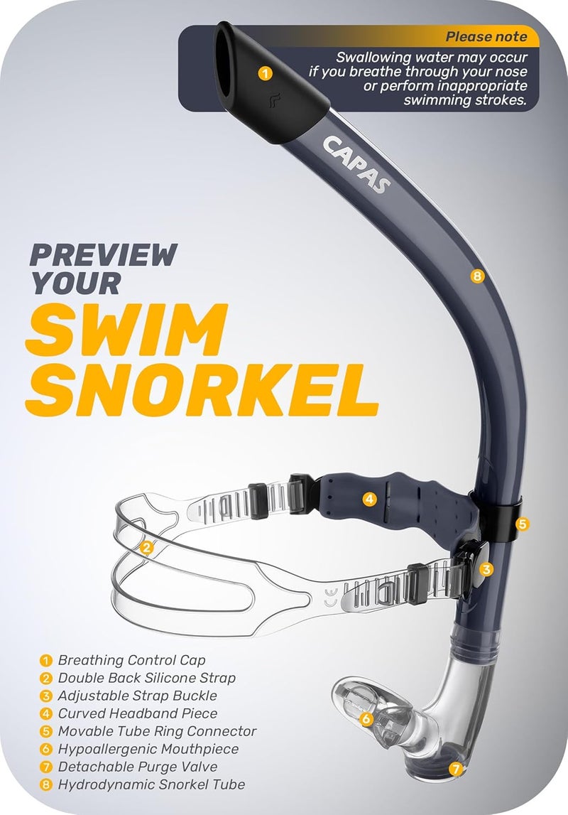 Capas Training Swim Snorkel for Lap Swimming, Swivel Headband Ultimate Fit Center-Mount Swimmers Snorkel with Liquid Silicone Mouthpiece Adjustable Strap, Designed for Adult Men Women - Image 2